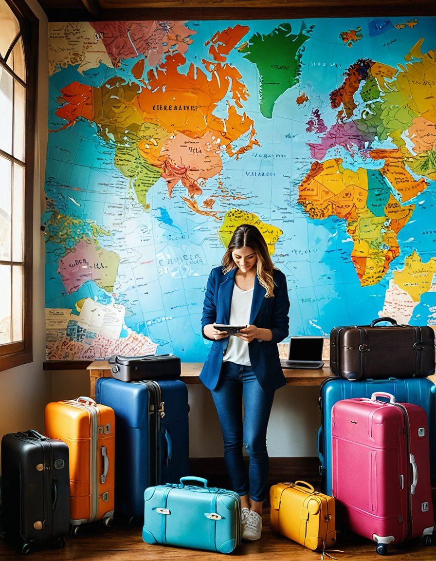 A traveler joyfully scanning a smartphone displaying various airline promotions, with colorful ticket prices and discounts swirling around them. Nearby, an open laptop shows a world map with marked locations, suggesting dreaming destinations. The scene includes luggage and travel essentials scattered around, illuminated by warm, inviting light. super-realistic. vibrant colors. modern travel aesthetic.