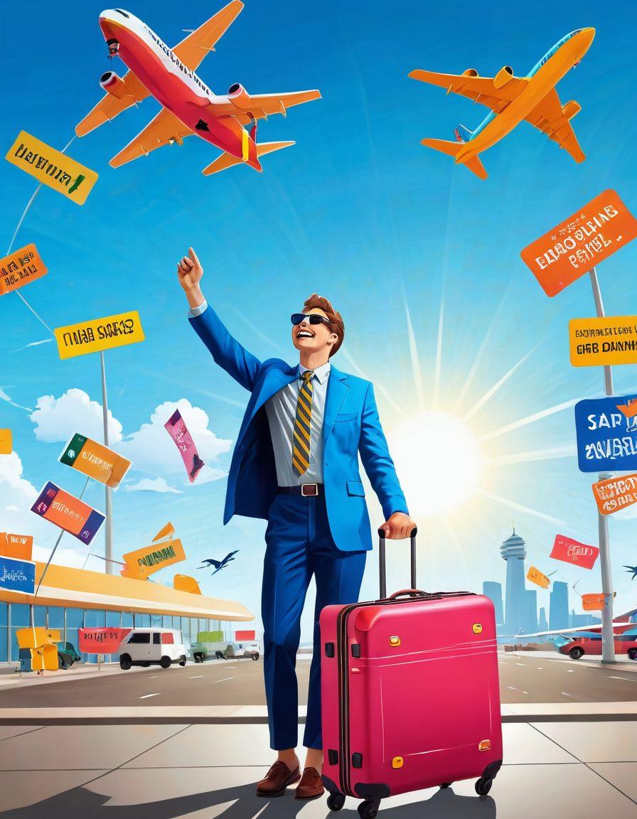 A traveler joyfully standing at an airport with a giant, colorful suitcase, surrounded by flight tickets and discount signs. The backdrop features various airplane silhouettes flying in the sky, with a bright sun symbolizing budget happiness. Include icons of savings, like a piggy bank and dollar signs, to represent low-cost travel. The overall mood is vibrant and optimistic, inviting readers to discover budget-friendly tips. vector art. vibrant colors.
