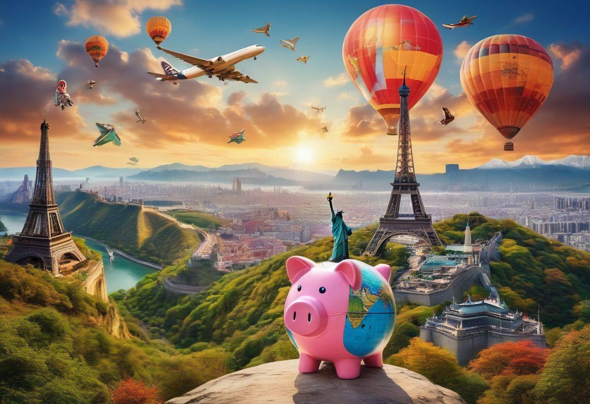 A traveler joyfully holding a globe with flight tickets and a smartphone displaying flight deals. In the background, a collage of famous landmarks symbolizing various destinations around the world, showcasing vibrant colors and dreamy clouds. Infuse elements like a calculator and a piggy bank to represent budgeting. The overall feel should evoke excitement and adventure. super-realistic. vibrant colors. 3D.
